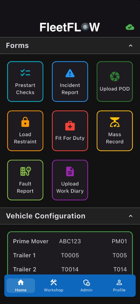 FleetFlow mobile app — home screen